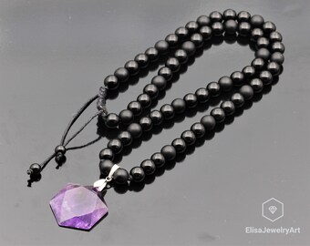 Women's Natural Hexagon Amethyst Pendant Necklace Black Onyx Gemstone Healing Beaded Best Friend Gift Necklace For Her Christmas Gift