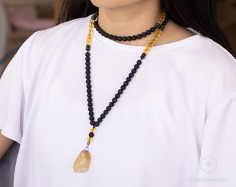 Collar de mala 108 con cuentas de citrino natural, piedra preciosa de lava, cristal curativo, mala de piedra preciosa bohemia única, collar largo de cristal, regalo elegante