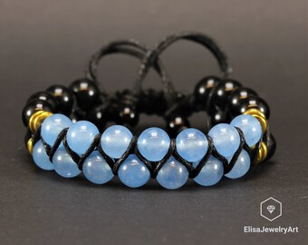 Natural Blue Jade Black Onyx Perle Bracelet réglable Macrame Protection Yoga Mala Bracelet Femme Bracelet Bracelet Femme Bracelet En cristal