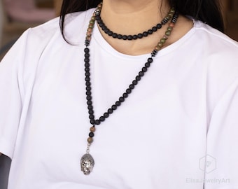 Natural Unakite Beaded 108 Mala Necklace, Buddha Pendant, Fancy Lava Stone Gemstone Mala, Yoga Healing Crystal, Unique Boho Long Necklace
