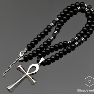 Ankh Cross Necklace Natural Matte Black Onyx & Black Onyx Beaded Necklace Grief Crystal Gemstone Strong Clasp Necklace Strength Necklace