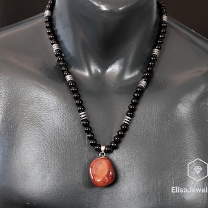 Stone Of Motivation Natural Carnelian Pendant Black Onyx Hematite Beaded Birthstone Emotional Genuine Gemstone For Him Unisex Christmas Gift