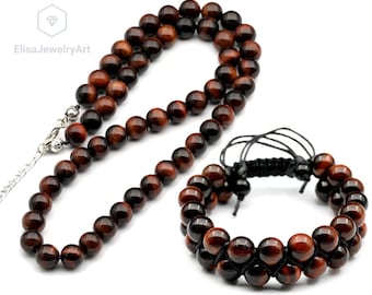 Conjunto de pulsera y collar de enfoque y fuerza, cuentas de piedras preciosas de ojo de tigre rojo natural, conjunto de gargantilla, collar de emoción, piedra natal, regalo de Navidad