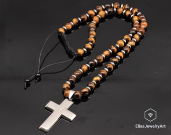 Anti Stress Cross Necklace Men's Natural Tiger Eye Beaded Protection Long Adjustable Healing Gemstone Gift For Him Unisex Christmas Gift