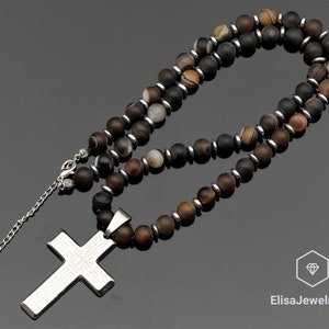 Cross Necklace Natural Brown Agate Beaded Calming Necklace Birthstone Gemstone Focus Necklace Gift For Him Unisex Valentine&#39;s Day Gift
