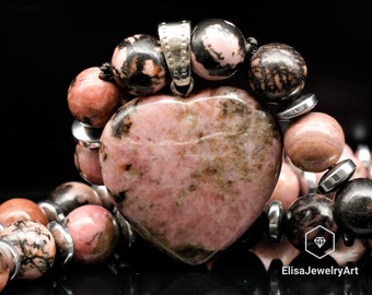 Balance Necklace Natural Heart Rhodonite Pendant Necklace Rhodonite Beads Genuine Gemstone Crystal Bohamian Necklace Christmas Gift Necklace