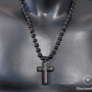 Cross Necklace Natural Black Lava Stone Beaded Necklace Courage Crystal Gemstone Strong Clasp Necklace Strength Necklace
