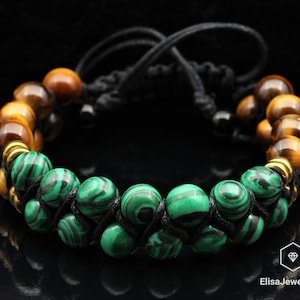 Men&#39;s Bracelet Natural Malachite & Tiger Eye Beaded Protection Men&#39;s Bracelet Women&#39;s Bracelet Crystal Bracelet Father&#39;s Day Gift