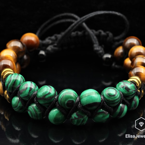 Men's Bracelet Natural Malachite & Tiger Eye Beaded Protection Men's Bracelet Women's Bracelet Crystal Bracelet Father's Day Gift