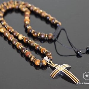 Cross Necklace & Natural Tiger Eye Gemstone Protection Beaded Long Macrame Adjustable Necklace Gift For Him Gift For Her Christmas Gift