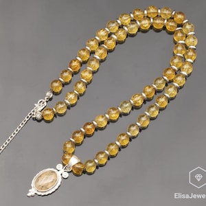 Natural Citrine Silver Pendant, Citrine Beaded 925 Sterling Silver Necklace, 18x13 Pendant, Unique Silver Gift Jewelry, Genuine Crystal Gift