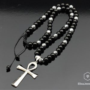 Big Ankh Cross Stainless Steel Pendant Necklace Natural Black Onyx & Hematite Beads Long Necklace Protection Healing Christmas Gift Men&#39;s