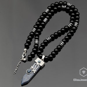 Clearing Necklace Natural Pointed Lapis Lazuli Pendant Black Onyx Hematite Beaded Birthstone Necklace For Him Unisex Christmas Gift