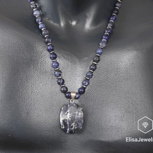 925 Sterling Silver Natural Sodalite Necklace Poet Crystal Gemstone Strong Clasp Necklace Focus Necklace