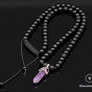 Pointed Amethyst Pendant Natural Black Onyx Gemstone Protection Stone Necklace Black Men&#39;s Necklace Gift For Him Unisex Necklace