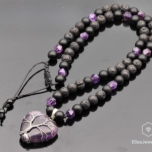 Women&#39;s Crystal Heart Amethyst Black Onyx Lava Beads Protection Gemstone Macrame Long Necklace Healing Gemstone Protection Christmas Gift