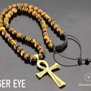 Ankh Cross & Natural Black Onyx Gemstone Protection Perlé Long Macrame Cadeau collier réglable pour lui cadeau pour son cadeau pour maman image 5