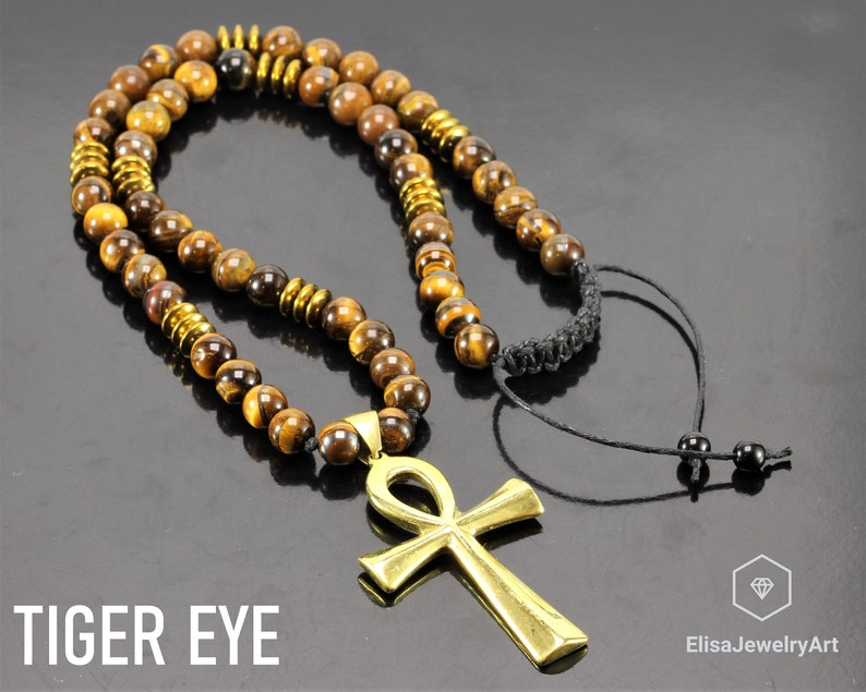 Ankh Cross & Natural Black Onyx Gemstone Protection Perlé Long Macrame Cadeau collier réglable pour lui cadeau pour son cadeau pour maman image 5