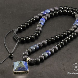 Men&#39;s Natural Lapis Lazuli Beads Necklace Onyx , Lava Beads Necklace Lapis Lazuli Crystal Pendant Macrame Beaded Necklace Adjustable Unisex
