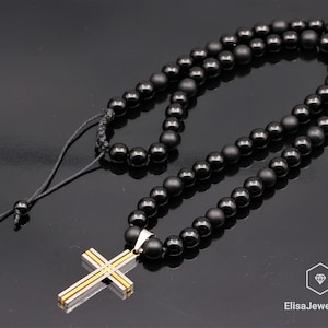 Women&#39;s Cross Pendant Natural Black Onyx Gemstone Protection Stone Necklace Black Men&#39;s Necklace Gift For Him Unisex Necklace