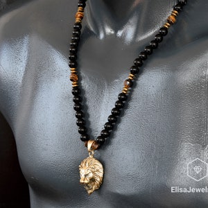 Lion Necklace Men&#39;s Natural Tiger Eye Black Onyx Beaded Protection Long Adjustable Healing Gemstone Calming Necklace Gift For Him Unisex