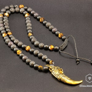 Tiger Tooth Necklace Men&#39;s Natural Tiger Eye Beads Necklace Onyx Lava Beaded Protection Necklace Gift For Him Christmas Gift For Father