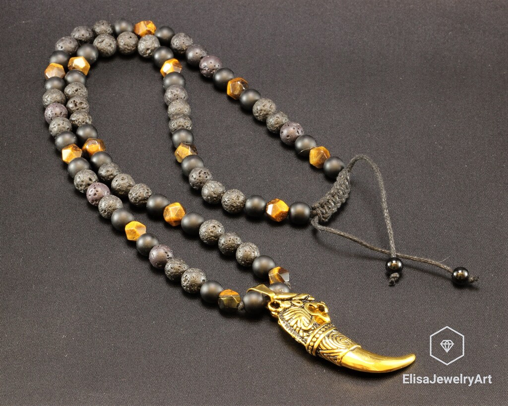 Collana Uomo Con Ciondolo Tigre Occhio Verde – Stile Vikingo Punk