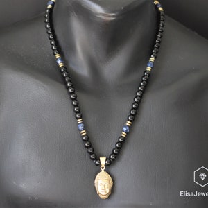 Buddha Necklace Natural Sandalwood Beads Necklace Onyx Beads Necklace Macrame Beaded Necklace Mala Yoga Meditation Protection Necklace