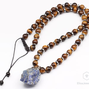 Natural Raw Lapis Lazuli Necklace Tiger Eye Gemstone Balance Beaded Long Necklace For Women&#39;s Best Friend Gift For Her Christmas Gift