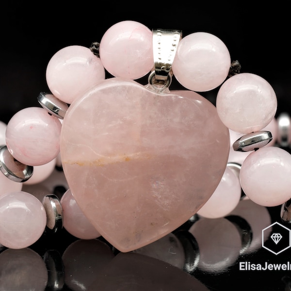 Rose Love Natural Rose Quartz Heart Pendentif Natural Rose Quartz Perlé Pierre Précieuse Emotion Fermoir Fermeture Collier Meilleur Ami Unisexe Collier