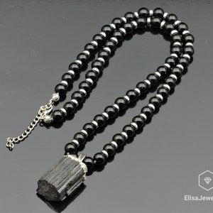 Raw Tourmaline Pendant Natural Black Onyx Clasp Closure Necklace Gemstone Protection Beaded Long Adjustable Necklace Gift For Him
