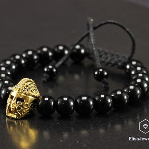 Men&#39;s Viking Spartan Helmet Beaded Bracelet Natural Black Onyx Protection Adjustable Shamballa Macrame Bracelet Gift For Him Christmas Gift