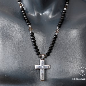 Cross Necklace Natural Smoky Quartz Black Onyx Beaded Protection Long Adjustable Healing Gemstone Emotion Necklace Gift For Him Unisex