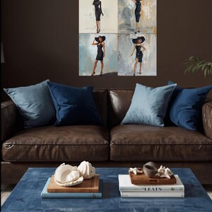 May include: A wall art set featuring four distinct panels, each displaying a figure in a black dress and wide-brimmed hat. The artwork is positioned above a brown leather sofa with blue pillows and a blue coffee table holding books and shells.