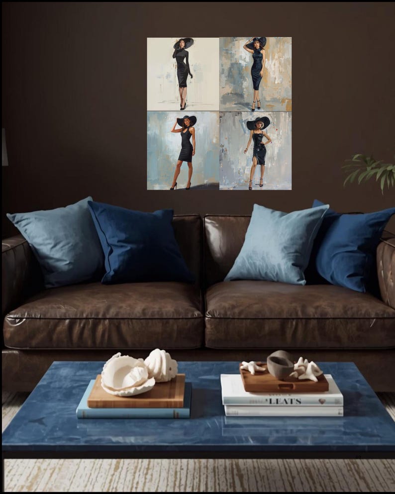 May include: A wall art set featuring four distinct panels, each displaying a figure in a black dress and wide-brimmed hat. The artwork is positioned above a brown leather sofa with blue pillows and a blue coffee table holding books and shells.