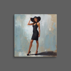 May include: A person wearing a black sleeveless knee-length dress and a wide-brimmed black hat. The person is also wearing black high-heeled shoes. The background is an abstract painting with blended strokes of light blue, white, and tan colors.