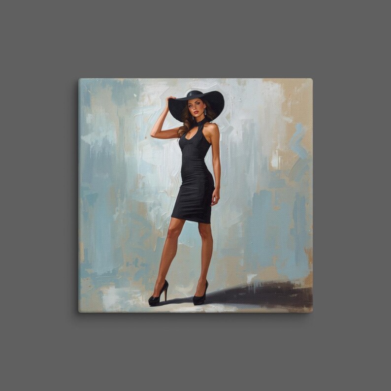 May include: A person wearing a black sleeveless knee-length dress and a wide-brimmed black hat. The person is also wearing black high-heeled shoes. The background is an abstract painting with blended strokes of light blue, white, and tan colors.