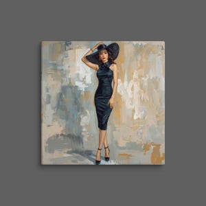 May include: A painting of a person wearing a black sleeveless knee-length dress and a wide-brimmed black hat. The person is also wearing black high-heeled shoes. The background consists of abstract brushstrokes in shades of beige, gray, and white.