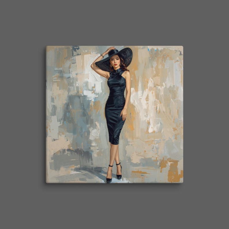 May include: A painting of a person wearing a black sleeveless knee-length dress and a wide-brimmed black hat. The person is also wearing black high-heeled shoes. The background consists of abstract brushstrokes in shades of beige, gray, and white.