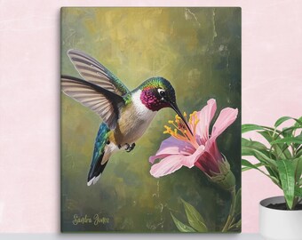 Hummingbird Enjoying a Sip from a Pink Flower