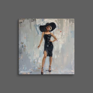 May include: A square canvas print featuring an oil painting of a figure wearing a black spaghetti strap dress with a side slit and a wide-brimmed black hat. The figure wears black strappy high-heeled sandals against a textured, abstract gray background.