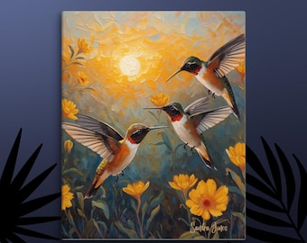 Three Hummingbird's in Mid Air Wall Art Canvas
