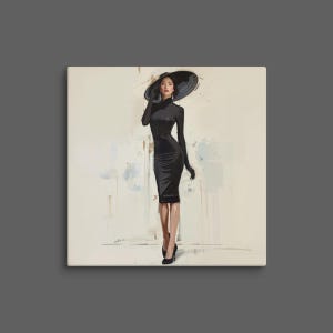 May include: A digital illustration of a person wearing a long-sleeved black midi dress, black gloves, and a wide-brimmed black hat. The figure is depicted in a standing pose, wearing black high-heeled shoes against a neutral, light-colored background.