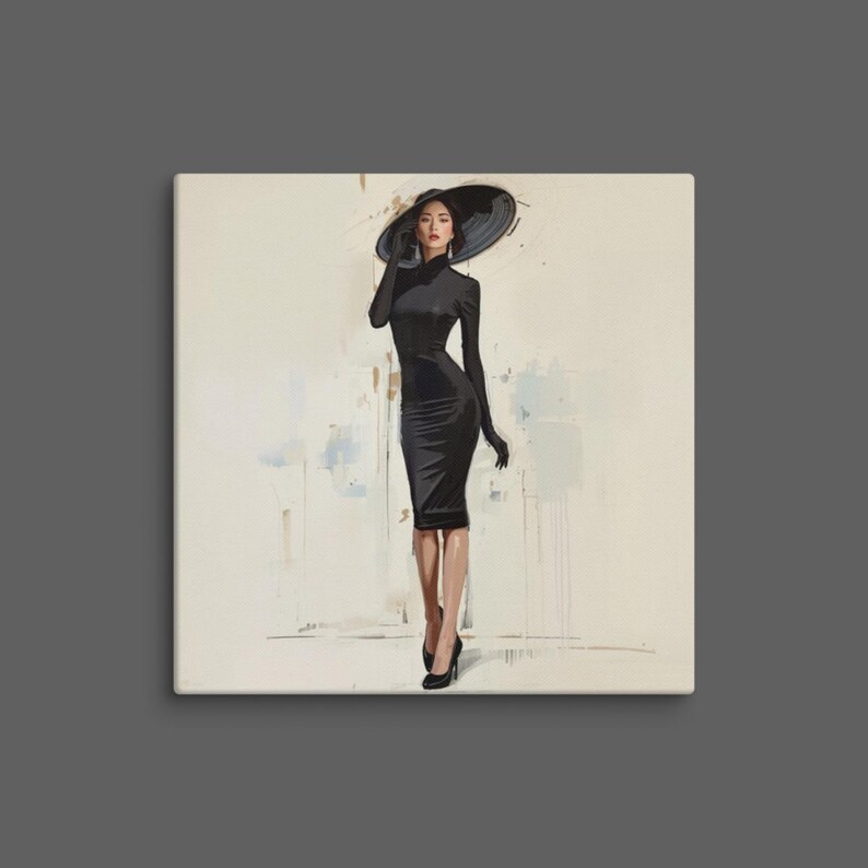 May include: A digital illustration of a person wearing a long-sleeved black midi dress, black gloves, and a wide-brimmed black hat. The figure is depicted in a standing pose, wearing black high-heeled shoes against a neutral, light-colored background.
