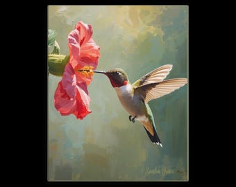A Hummingbird Nectaring on a Red Flower wall art canvas 24 x 30