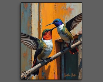 Bright Wall Art, Colorful Print, Hummingbirds Design Canvas, Ready to Hang. 24 x 30
