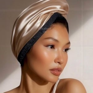 Reversible Silk Hair Drying Towel  | Microfiber towel |  Pure Silk | Fast Hair Drying | Curly Hair Drying Turban | Healthy Hair Wrap | Beige