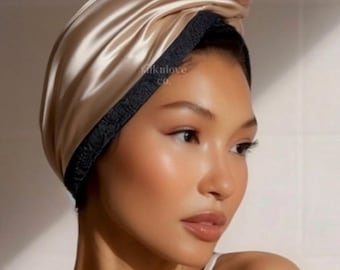 Reversible Silk Hair Drying Turban | Champagne Beige, Microfiber Lined