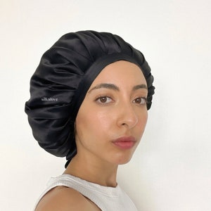 Black Silk Bonnet, Sleep Hair Cap, Pure Silk Sleep Cap, Hair Bonnet, No Damage Hair, Comfortable Tie Silk Bonnet,  Healthy Hair Silk Bonnet