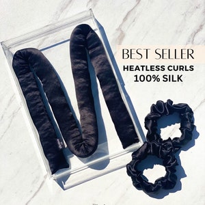 Black Heatless Curler, Damage Free Curls, Silk Heatless Curls, Hair Curling Ribbon with Silk Scrunchies, No Heat Curls, Overnight Curls